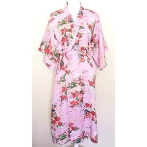 VTG Ichiban Kimono Knee Length Robe Made in Japan Pink Asian Floral Print Belted